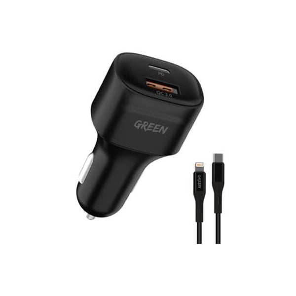 Green Lion Compact Dual Port 20W USB + Type-C Car Charger with Type-C to Lightning Cable