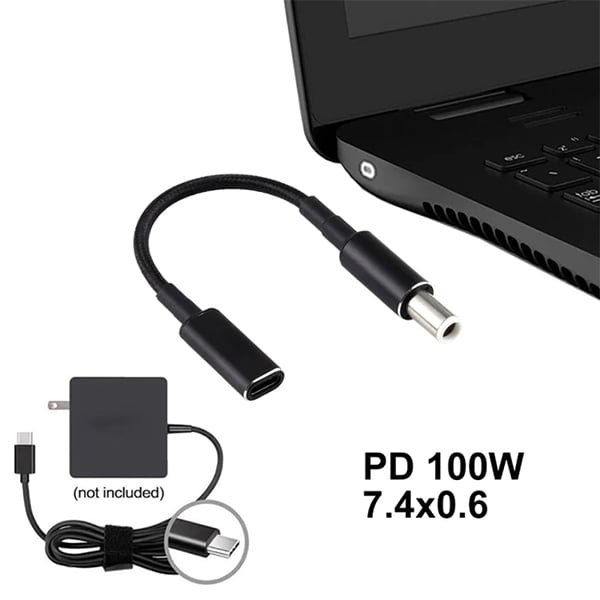 Type-C PD 100W Female Input to Dell 7.4x0.6mm DC Tip Power Charging Cable Adapter