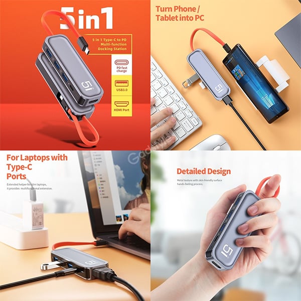 Rock TR04 5-In-1 Type-C To PD Multi-Function Docking Station