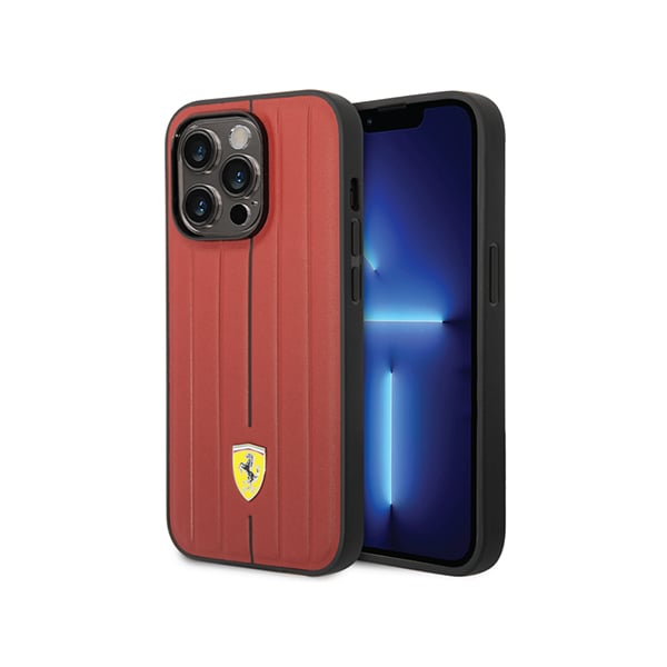 Ferrari Leather Case With Embossed Stripes Yellow Shield Logo For iPhone 14 Pro Max
