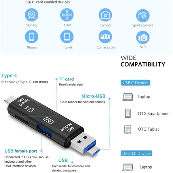 USB 3.0 3-in-1 High-Speed Universal Connectivity with Type C &amp; Micro-USB Ports and TF Support Card Reader