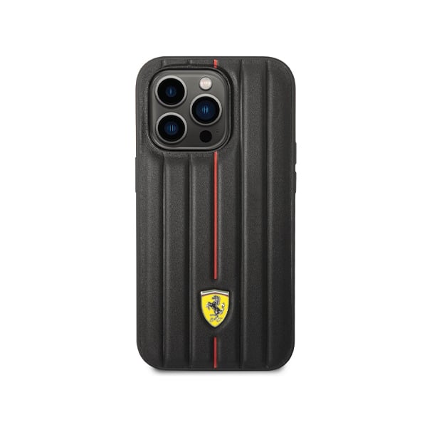 Ferrari Leather Case With Embossed Stripes Yellow Shield Logo For iPhone 14 Pro Max