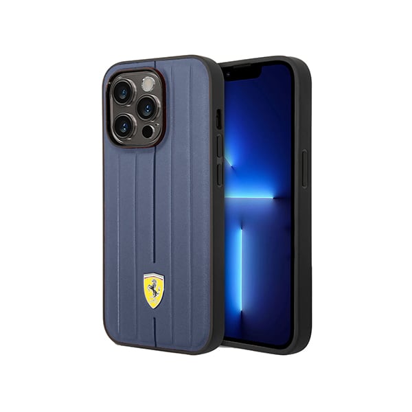Ferrari Leather Case With Embossed Stripes Yellow Shield Logo For iPhone 14 Pro Max