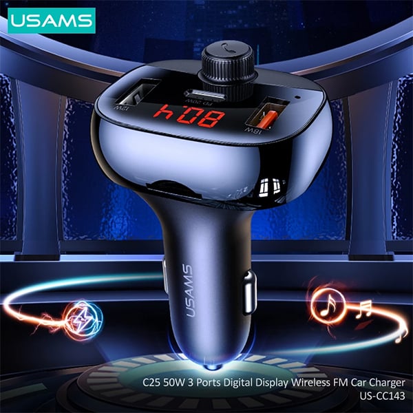 USAMS 50W 3 Ports Digital Display Wireless FM Modulator Transmitter Bluetooth 5.0 FM USB Fast Car Charger