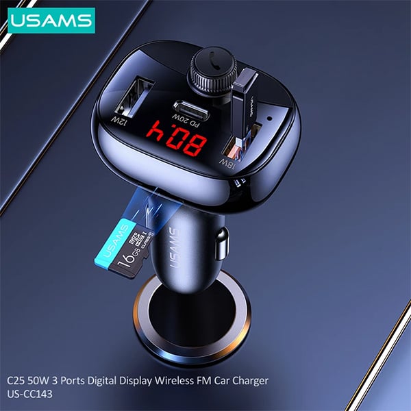 USAMS 50W 3 Ports Digital Display Wireless FM Modulator Transmitter Bluetooth 5.0 FM USB Fast Car Charger