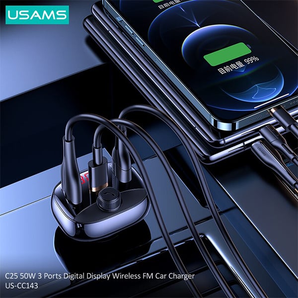 USAMS 50W 3 Ports Digital Display Wireless FM Modulator Transmitter Bluetooth 5.0 FM USB Fast Car Charger