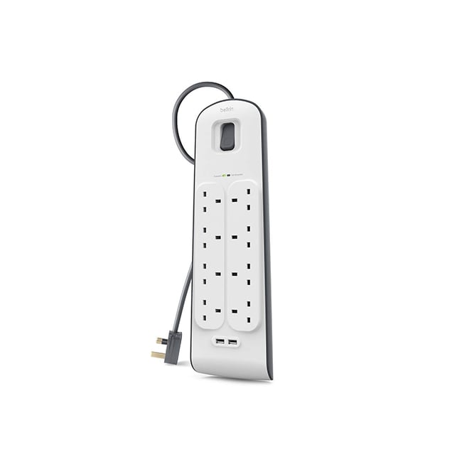 Belkin SurgePlus 2.4 Amp 2 USB + 8-Outlet Surge Protection Strip with 2M Power Cord, Protects Televisions, Gaming Consoles, Receivers
