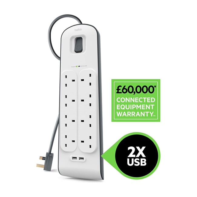 Belkin SurgePlus 2.4 Amp 2 USB + 8-Outlet Surge Protection Strip with 2M Power Cord, Protects Televisions, Gaming Consoles, Receivers