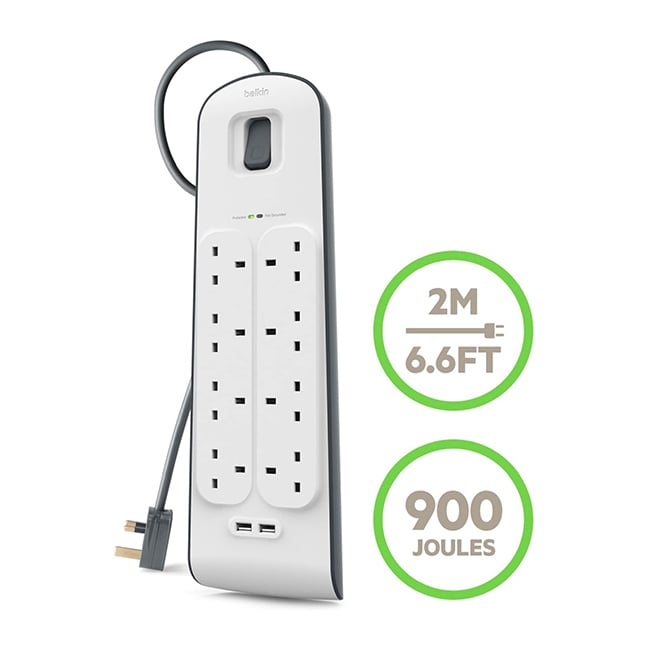 Belkin SurgePlus 2.4 Amp 2 USB + 8-Outlet Surge Protection Strip with 2M Power Cord, Protects Televisions, Gaming Consoles, Receivers