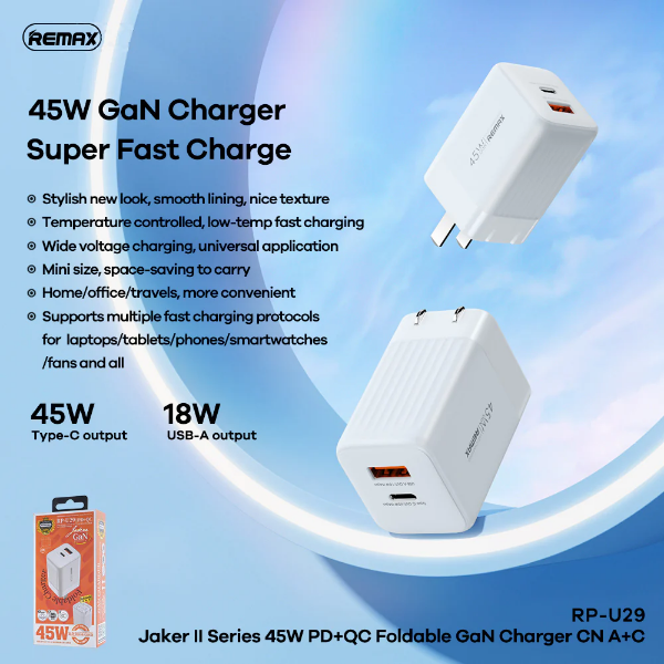 Remax RP-U29 Jaker II Series 45W PD+QC GaN Foldable Charger