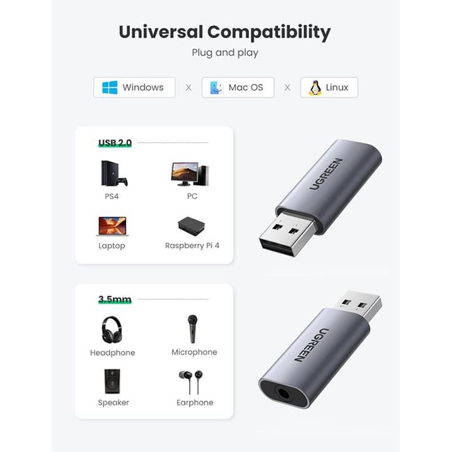 UGREEN 80864 2 in 1 USB External Sound Card Audio Adapter