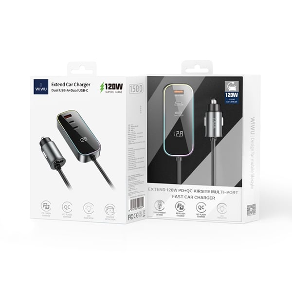 WiWU QC014 Extend 120W Dual USB +Type-C Ports Wired Car Charger