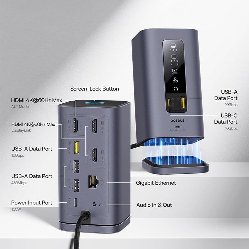 Baseus Spacemate Series 11-in-1 HDMI:4K*3 + USB-A 3.2*2 + USB-C 3.2*1 + USB-A 2.0*2 + RJ45 Ethernet*1 + 3.5mm AUX*1 Docking Station for Mac