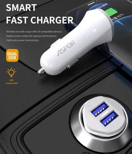 Aspor A903 Dual USB Car Charger with LED Indicator