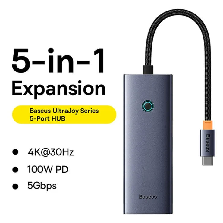 Baseus Ultra Joy Series 5 Port USB 3.0 X 3 + HDMI 4K x 1 + PD 100W x 1 Type-C Hub Adapter