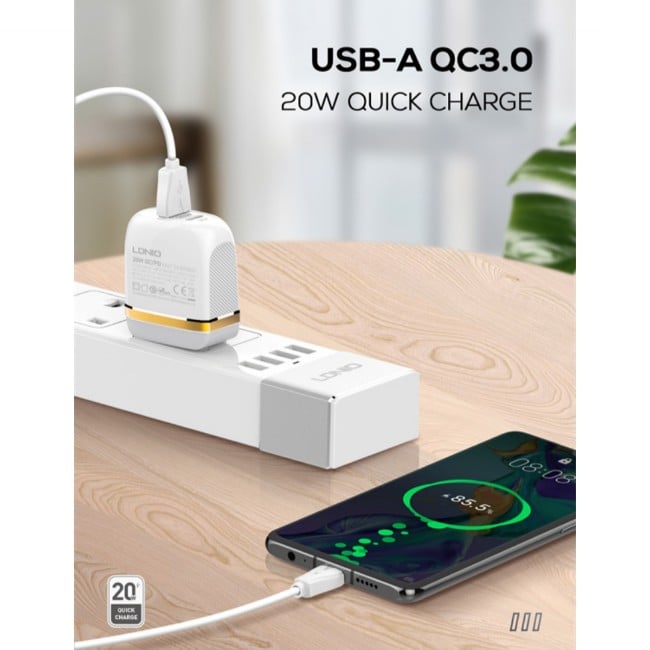LDNIO A2316C 20W QC3.0 + PD UK Home Charge Adapter with Type-C to Lightning Cable