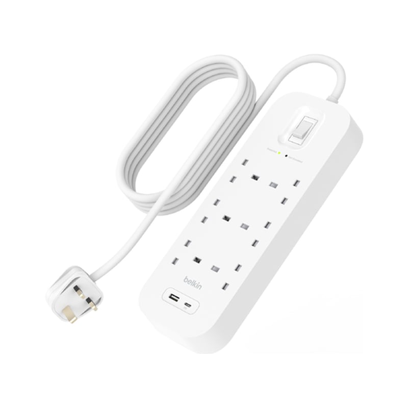 Belkin Connect Surge Protector with 6 AC Outlets + 1 USB-A + 1 USB-C PD Extension Power Cord