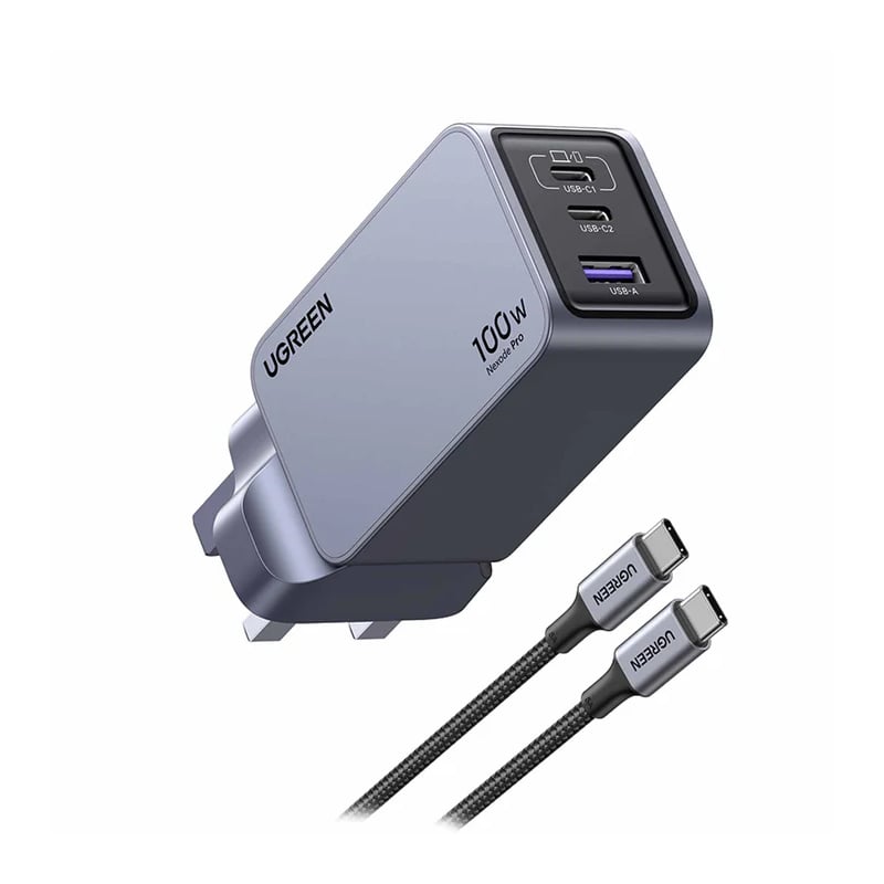 UGREEN 25875 Nexode Pro 100W 3-Port 2 x USB-C + 1 x USB-A GaN UK 3 Pin Fast Charger Set