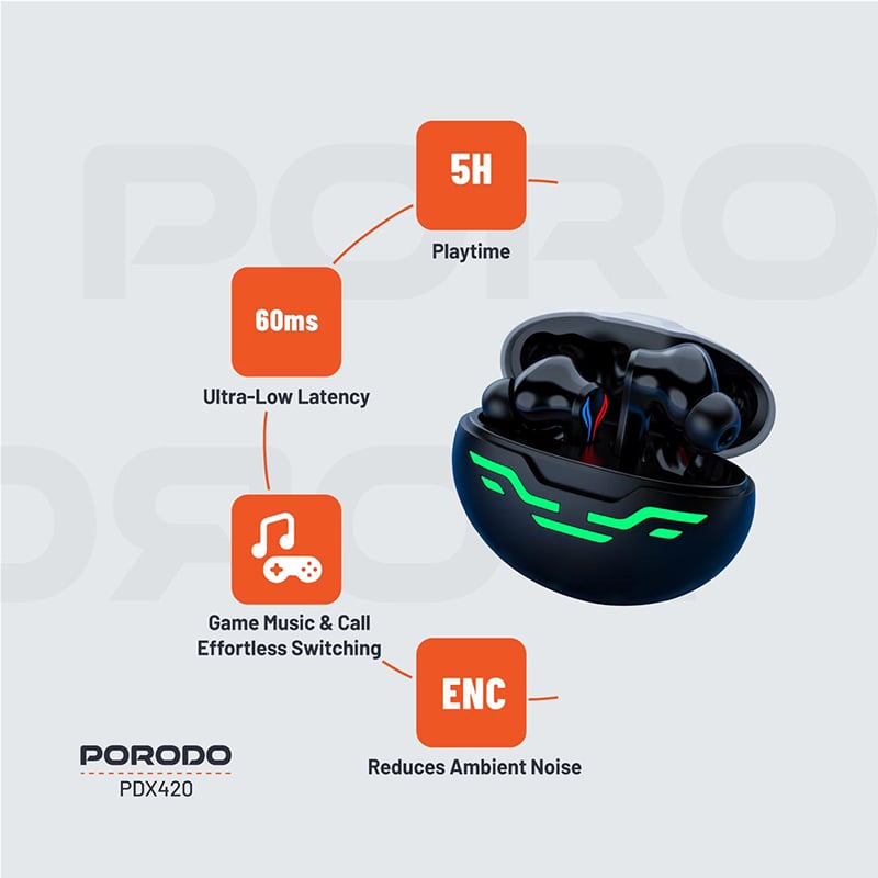 Porodo PDX420 Ultra Low-Latency Dual Mic RGB Gaming Earbuds