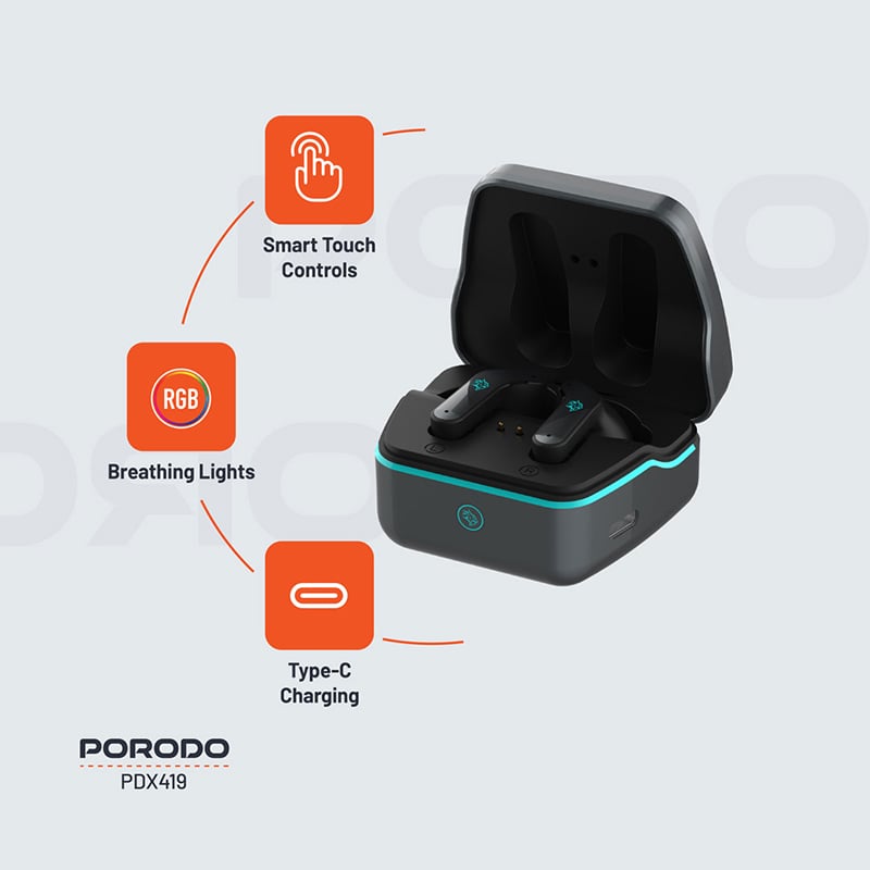 Porodo PDX419 Ultra Low-Latency Dual Mic with ENC RGB Gaming Earbuds