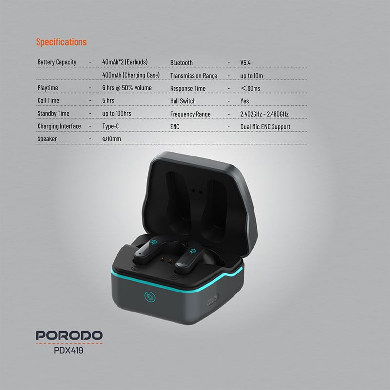 Porodo PDX419 Ultra Low-Latency Dual Mic with ENC RGB Gaming Earbuds