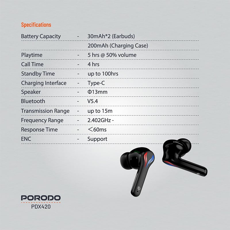 Porodo PDX420 Ultra Low-Latency Dual Mic RGB Gaming Earbuds