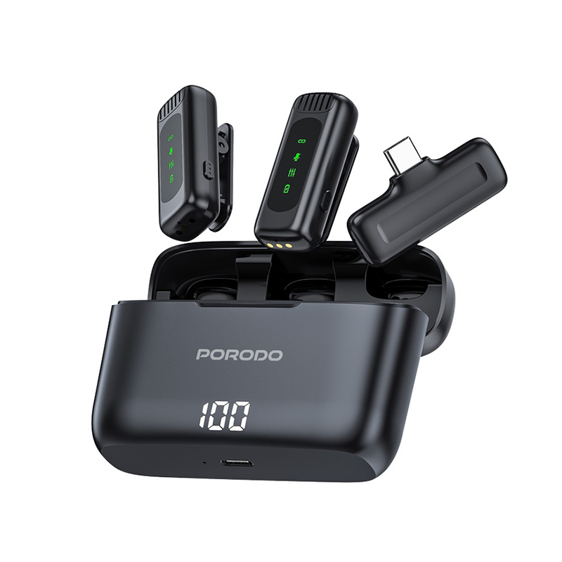 Porodo Lavalier Double Microphones Type-C Connector with Lightning Adapter and Charging Case