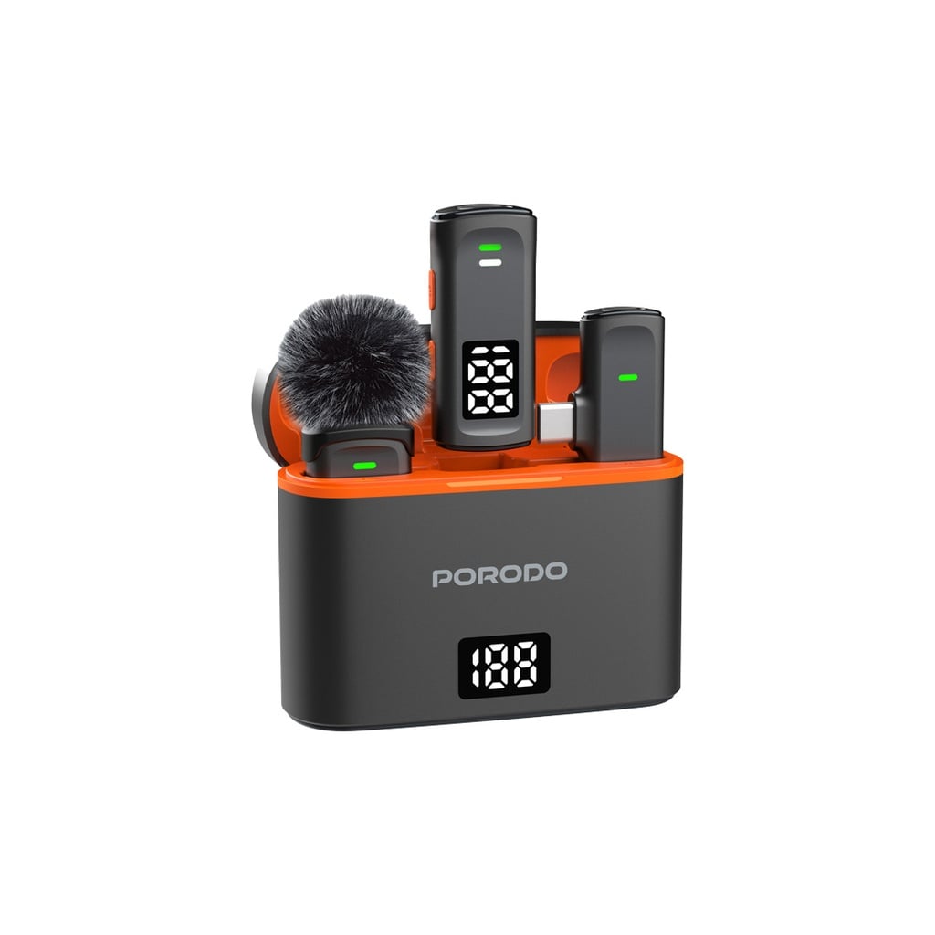 Porodo Lavalier Microphones Type-C Connector with Lightning Adapter and Charging Case
