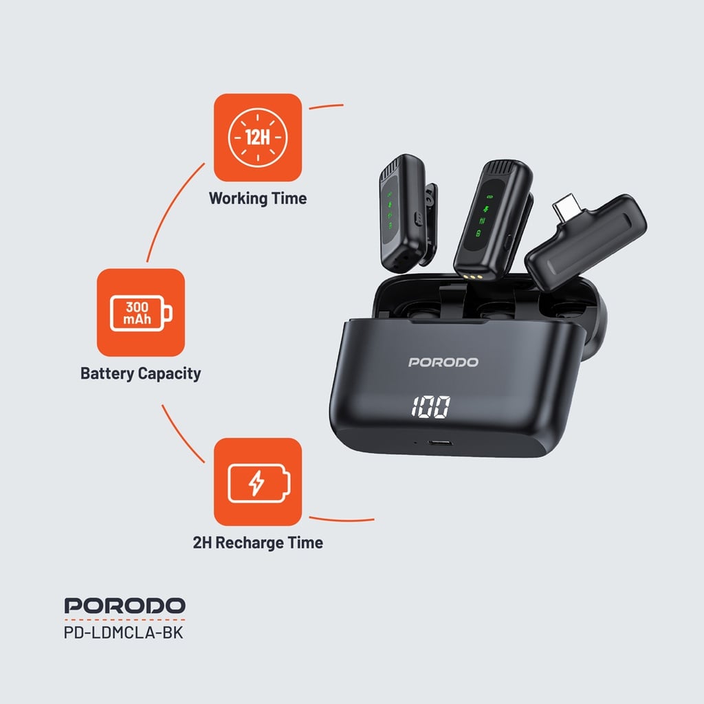 Porodo Lavalier Double Microphones Type-C Connector with Lightning Adapter and Charging Case