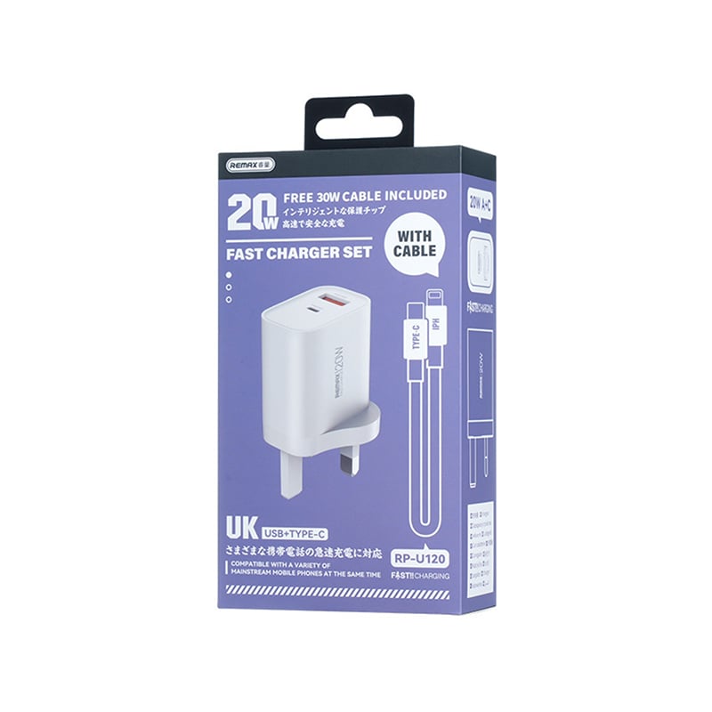 Remax RP-U120 20W USB-A + USB-C Fast UK 3 Pin Charger with Type-C to Type-C Cable