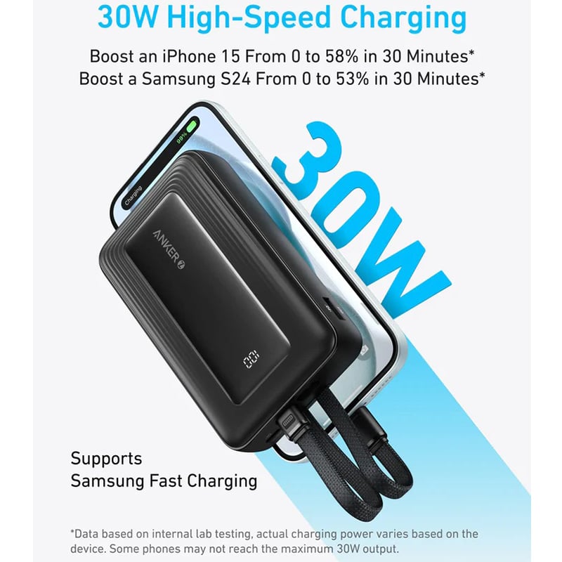 Anker A1681 Zolo 30W 20000mAh Power Bank with Built-In USB-C and Lightning Cable