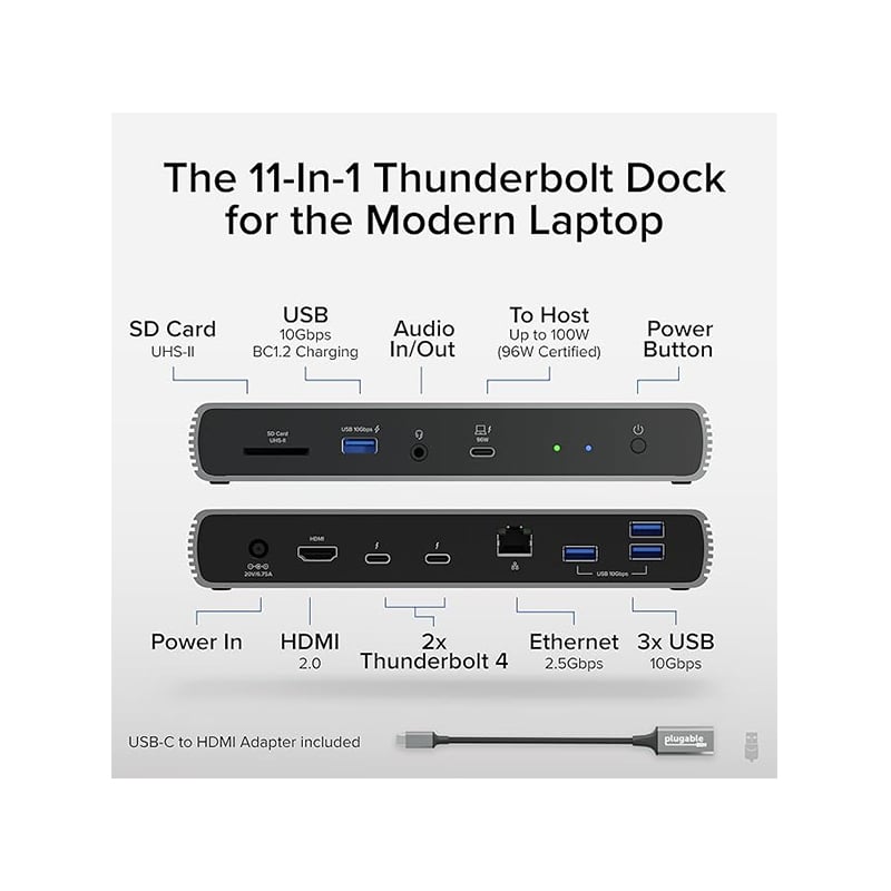 Plugable TBT4-UDX1-UK 11 in 1 Thunderbolt 4 Laptop Docking Station