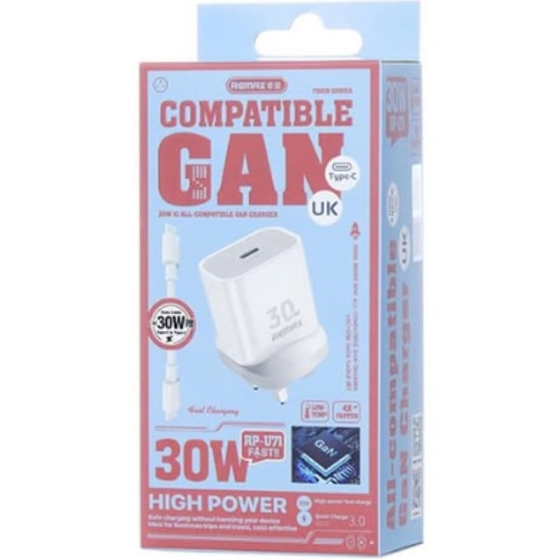 Remax RP-U71 Figen Series 30W GaN USB-C UK 3 Pin Fast Charger with Type-C to Type-C Cable