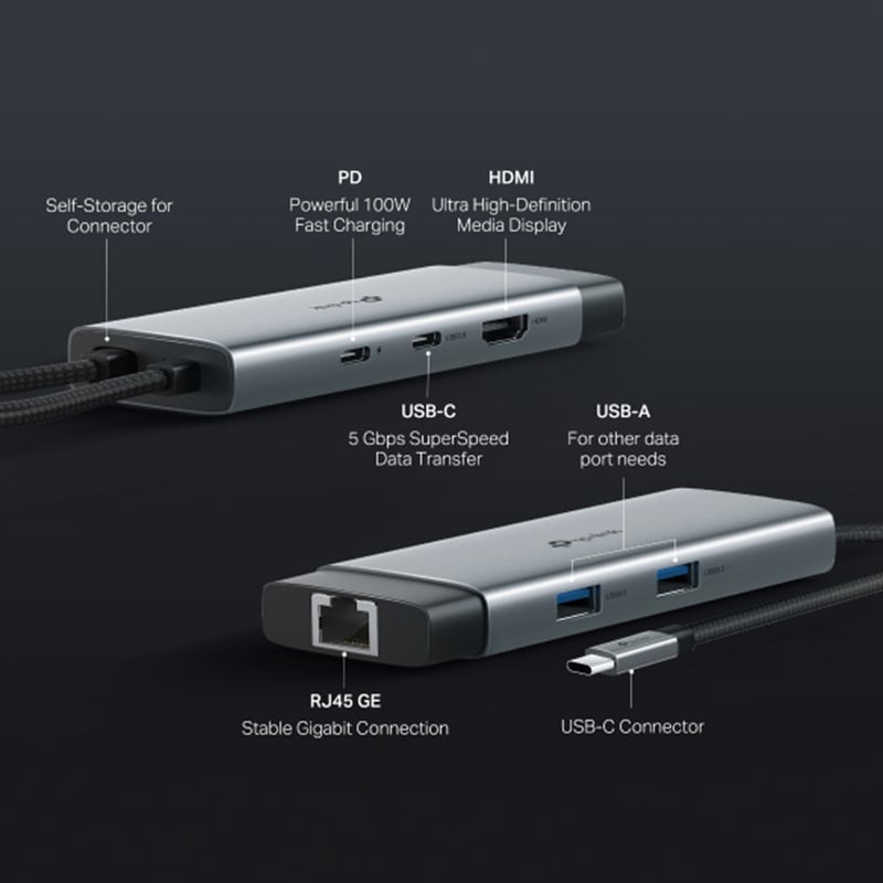 TP-Link UH6120C USB Type-C to 4K@60Hz HDMI, 1 Gbps Ethernet Port, 100W PD, 1× USB-C Data Ports, 2× USB-A Data Ports 6-Port Hub Adapter