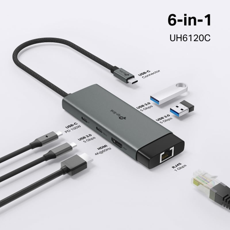 TP-Link UH6120C USB Type-C to 4K@60Hz HDMI, 1 Gbps Ethernet Port, 100W PD, 1× USB-C Data Ports, 2× USB-A Data Ports 6-Port Hub Adapter