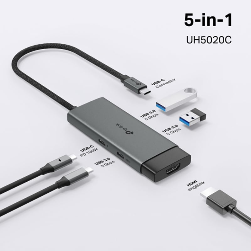 TP-Link UH5020C USB Type-C to 4K@60Hz HDMI, 100W PD, 1× USB-C Data Port, 2× USB-A Data Ports 5 Port Hub Adapter