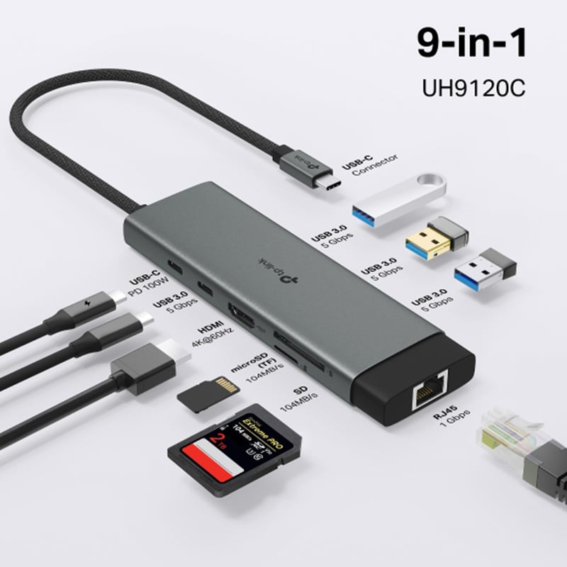 TP-Link UH9120C USB Type-C to 4K@60Hz HDMI, 1 Gbps Ethernet Port, SD & microSD UHS-I, 100W Power Delivery, 1× USB-C Data Ports, 3× USB-A Data Ports 9-Port Hub Adapter