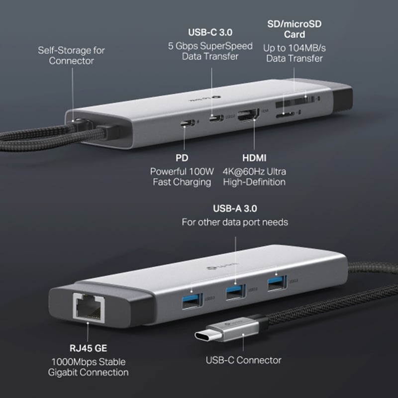TP-Link UH9120C USB Type-C to 4K@60Hz HDMI, 1 Gbps Ethernet Port, SD & microSD UHS-I, 100W Power Delivery, 1× USB-C Data Ports, 3× USB-A Data Ports 9-Port Hub Adapter