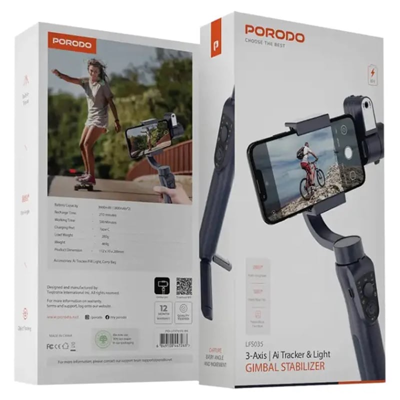 Porodo LFS035 3-Axis Ai Tracker &amp; Light Gimbal Stabilizer
