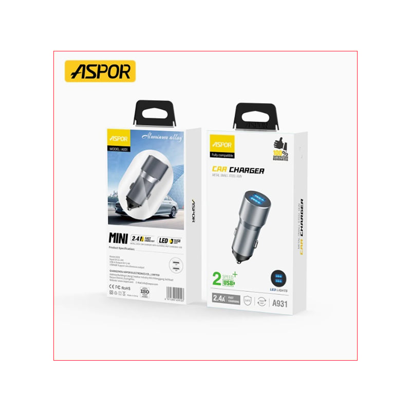 Aspor A931 2.4A Dual USB Port Car Charger with TMicro USB Cable