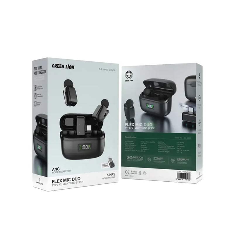 Green Lion Flex Mic Duo 2 in 1 ANC Noise Reduction Microphone with Type-C to Lightning Connector