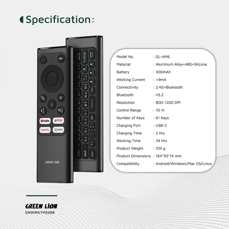 Green Lion Wireless Remote Pro with Keyboard and Mouse for Windows/MacOS/Android