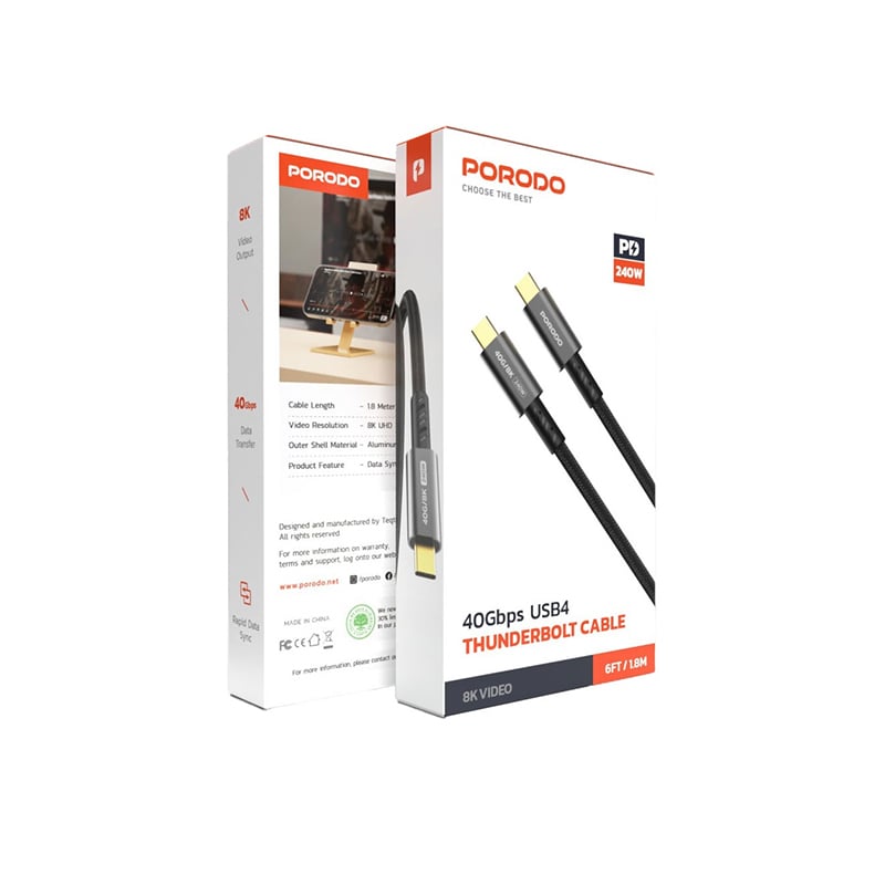 Porodo 40Gbps 8K 60hz USB4 1.8M Braided Thunderbolt USB-C Cable