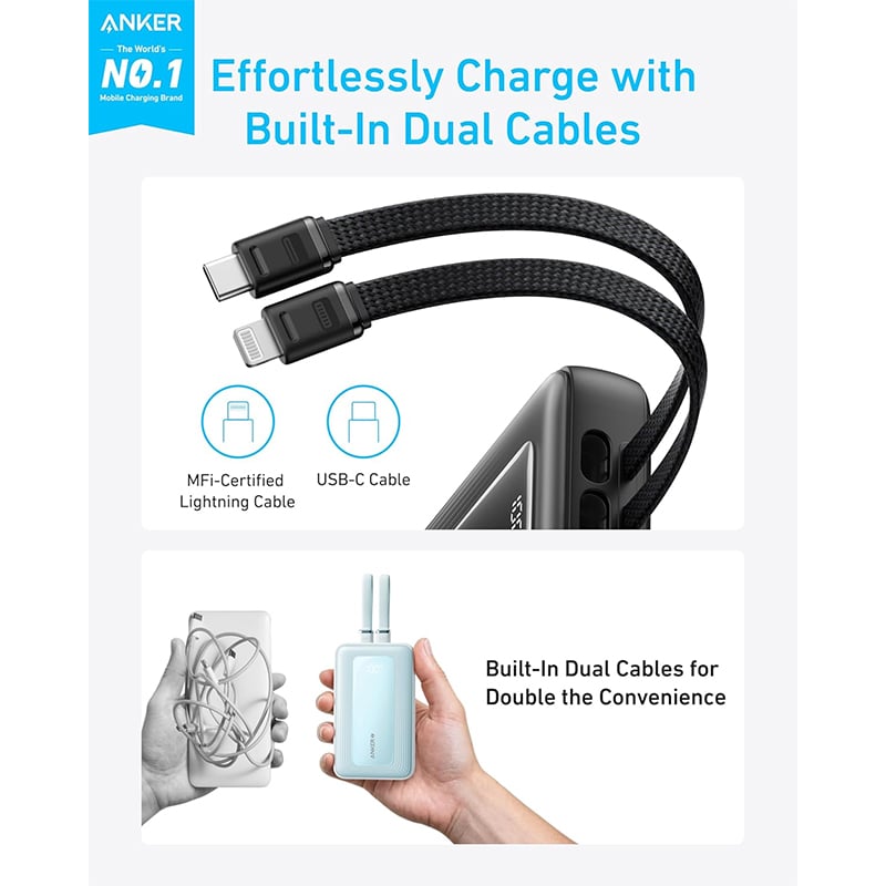 Anker A1680H31 30W 10000mAh Zolo Power Bank with Built-In USB-C and Lightning Cable