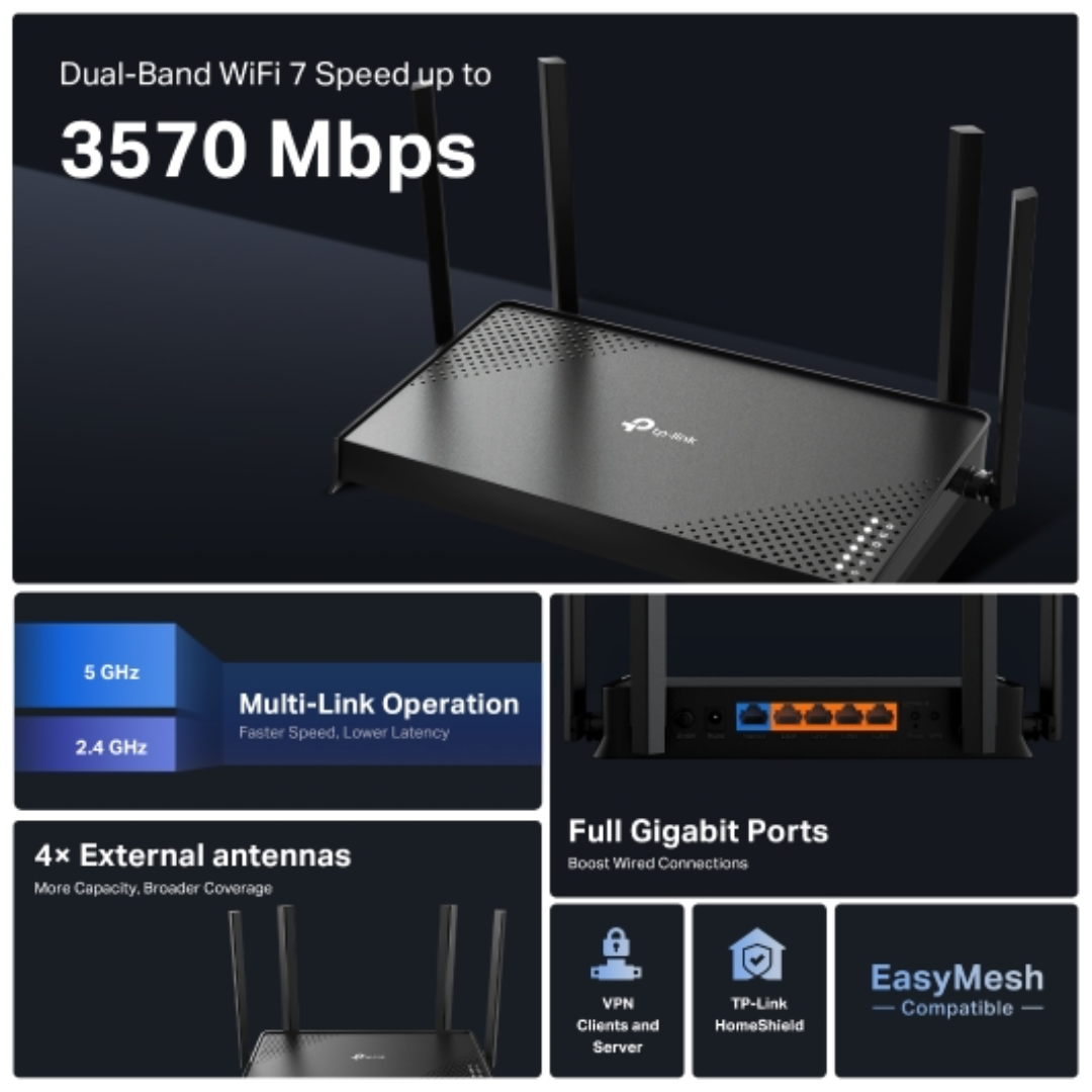 TP-Link Archer BE220 BE3600 Dual-Band Wi-Fi 7 Router