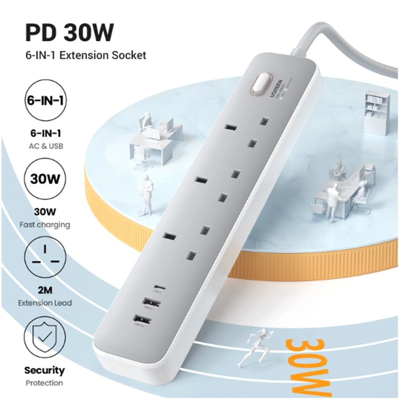 UGREEN 15461 3-Outlet Surge Protection Extension Code with 30W Type-C Port + Dual USB Ports