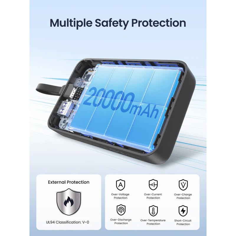 UGREEN 45762 20W 20000mAh Power Bank with Built-In Type-C Cable