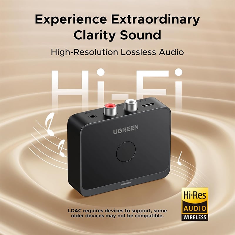 UGREEN 55545 Bluetooth 6.0 LDAC Hi-Res Audio with 15H Playtime and Dual Pairing Wireless Audio Adapter for Speakers/Home Stereo