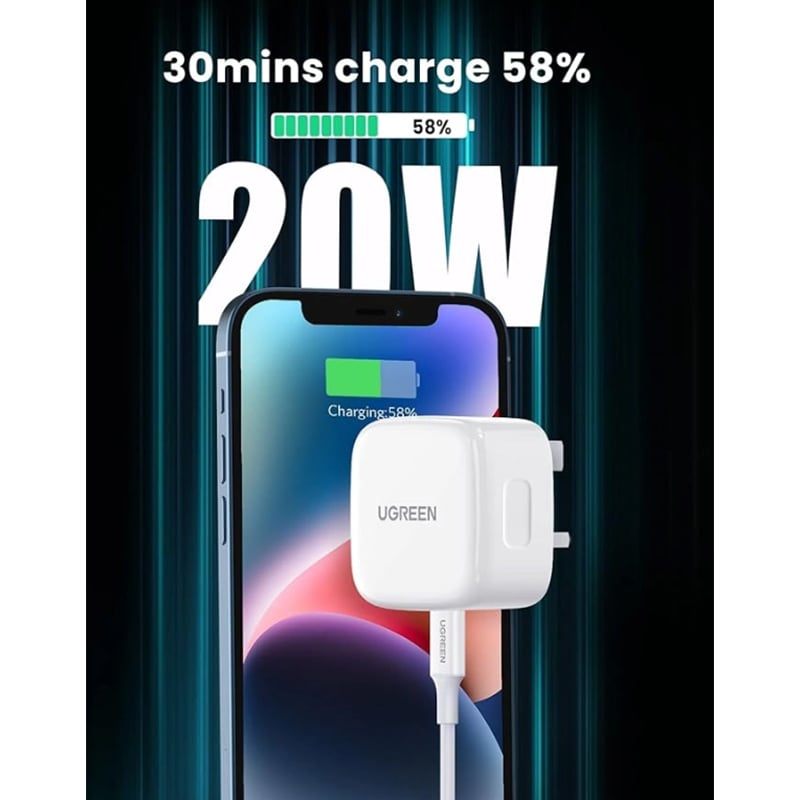 UGREEN 70297 20W Type-C PD UK 3 Pin Fast Charger with USB-C to Lightning Cable