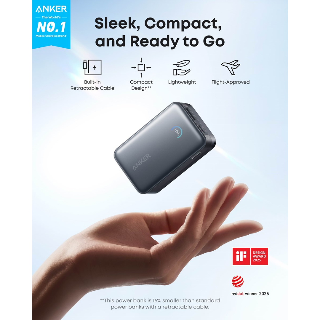 Anker A1638H11 45W 10000mAh Nano Power Bank with Built in Retractable USB-C Cable